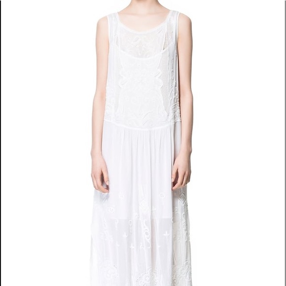 Zara White Embroidered Maxi Dress 